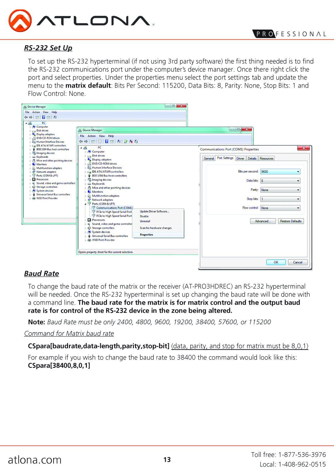 Atlona AT-PRO3HD44M RS-232 Set Up, Note Baud Rate must be only 2400, 4800, 9600, 19200, 38400, 57600, or, atlona.com 