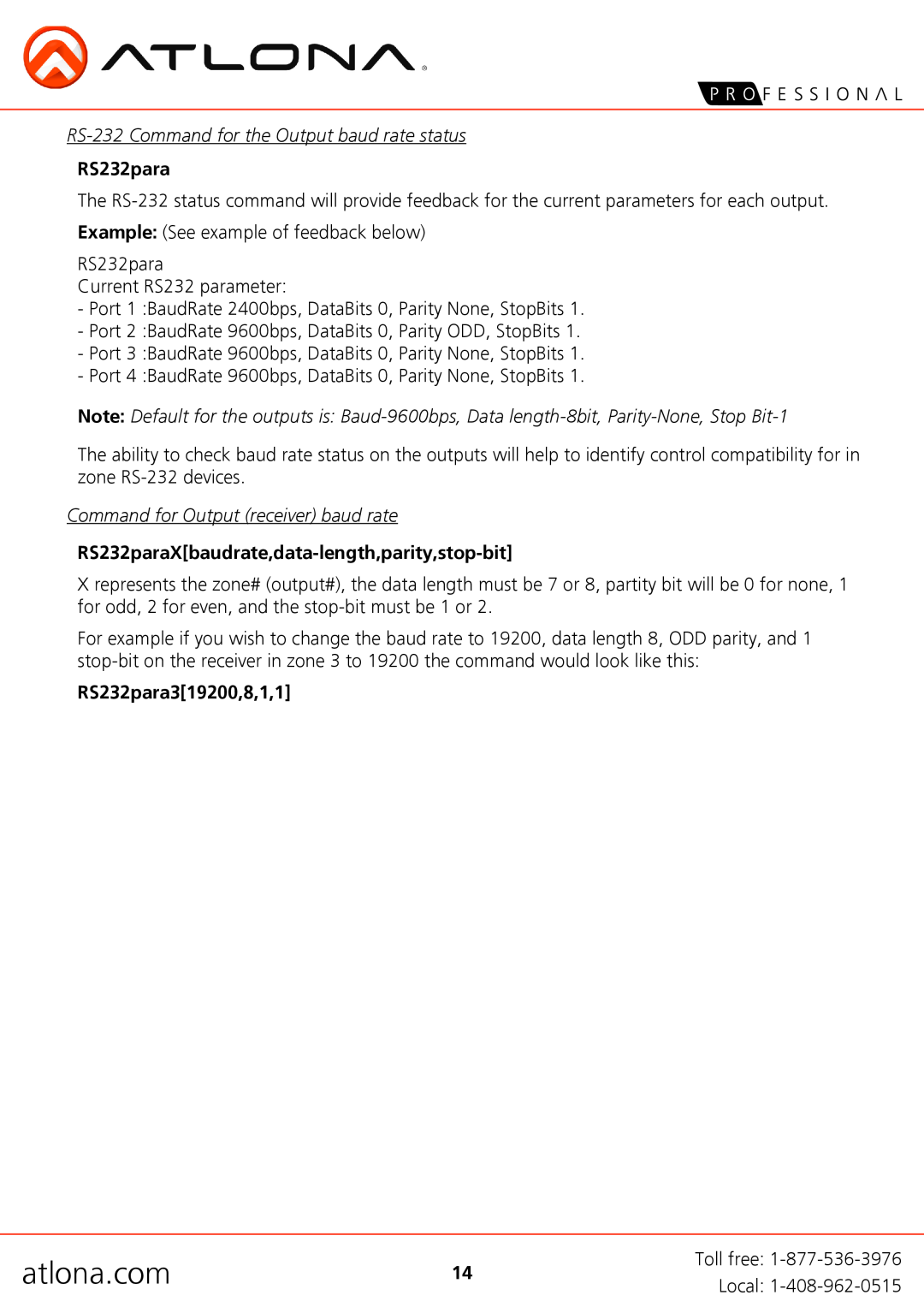 Atlona AT-PRO3HD44M RS-232 Command for the Output baud rate status, Command for Output receiver baud rate, atlona.com 