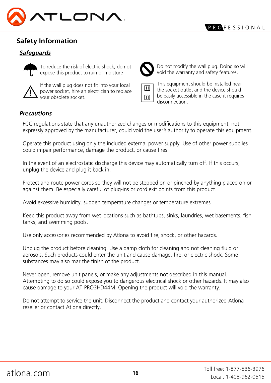 Atlona AT-PRO3HD44M user manual Safety Information, Safeguards, Precautions, atlona.com 