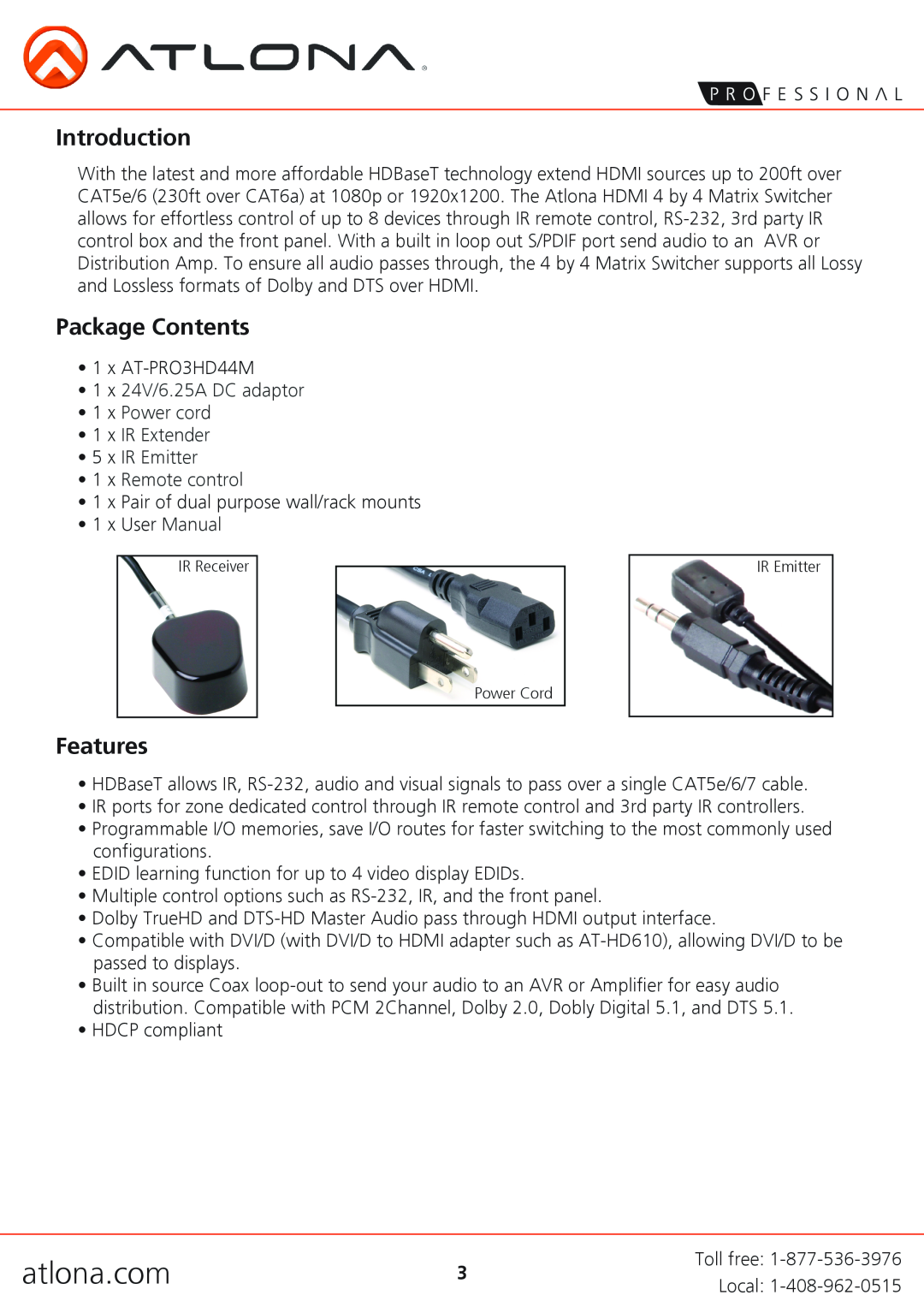 Atlona AT-PRO3HD44M user manual Introduction, Package Contents, Features, atlona.com, x IR Emitter 1 x Remote control 