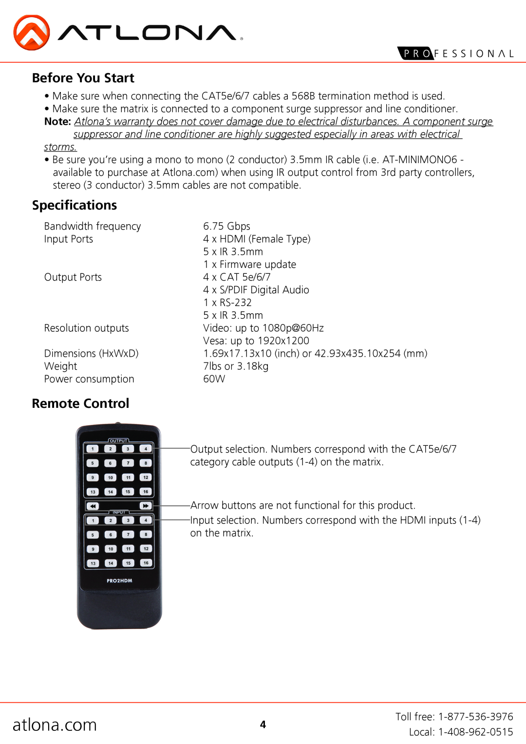 Atlona AT-PRO3HD44M user manual Before You Start, Specifications, Remote Control, storms, atlona.com 