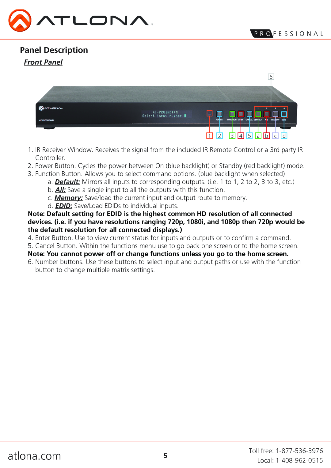 Atlona AT-PRO3HD44M user manual Panel Description, Front Panel, atlona.com 