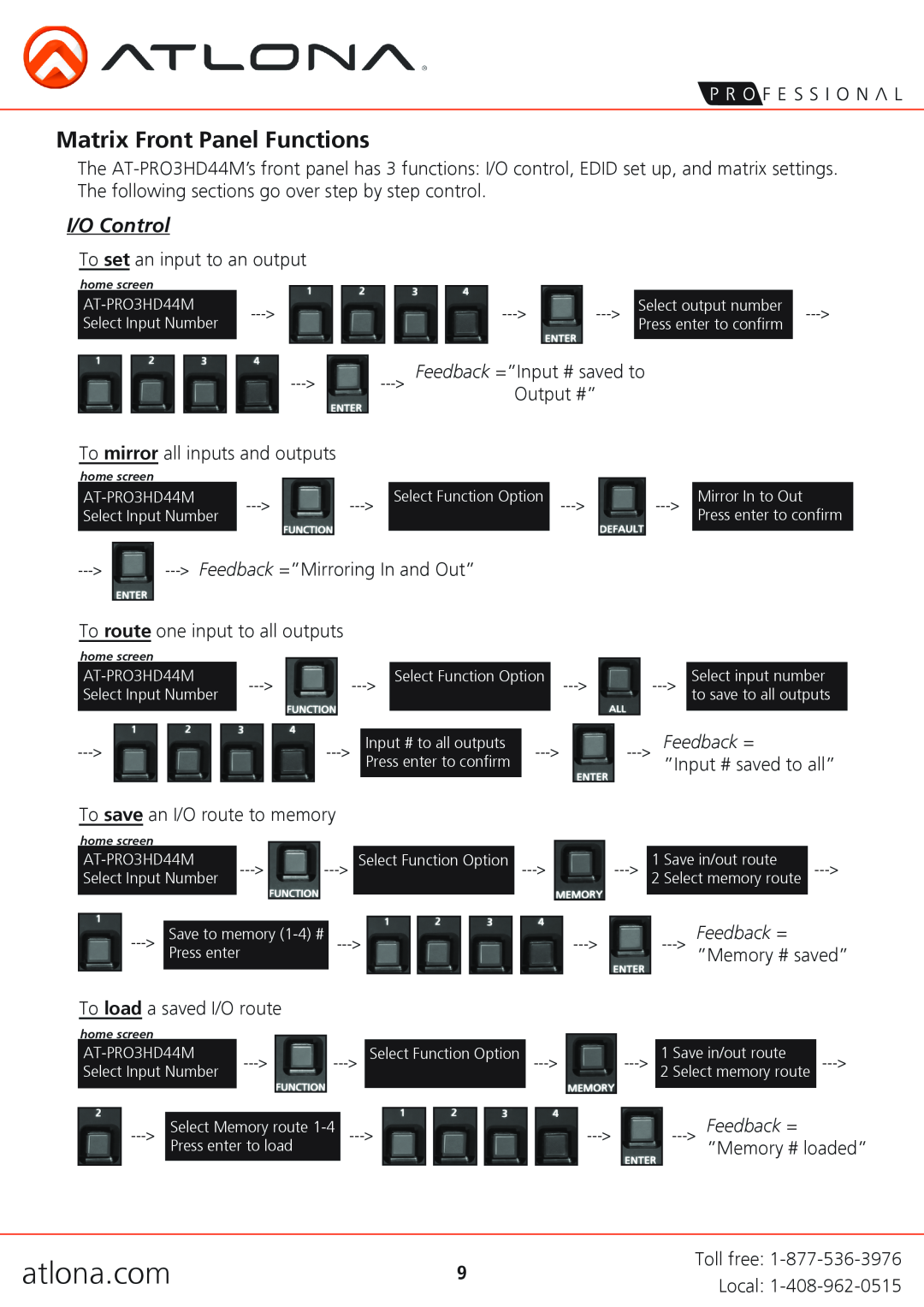 Atlona AT-PRO3HD44M user manual Matrix Front Panel Functions, I/O Control, Feedback =, ”Input # saved to all”, atlona.com 