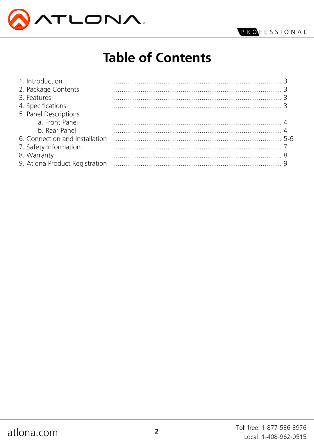Atlona AT-PRO3HDREC user manual Table of Contents 