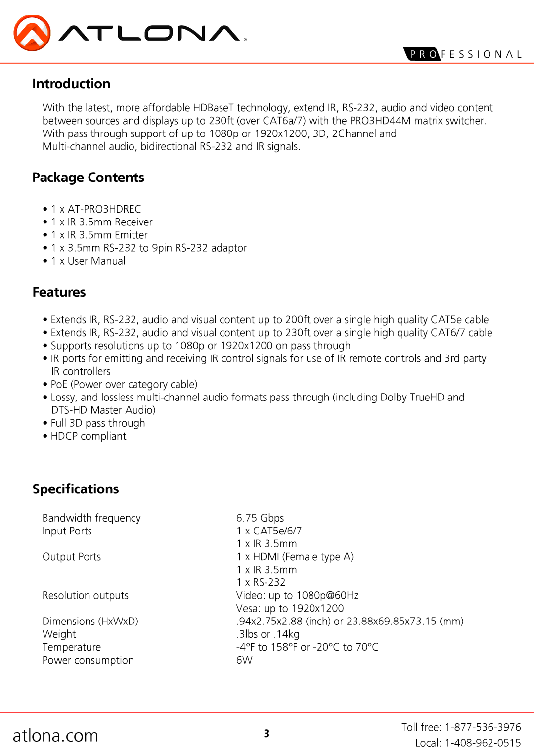 Atlona AT-PRO3HDREC user manual Introduction, Package Contents, Features, Specifications 