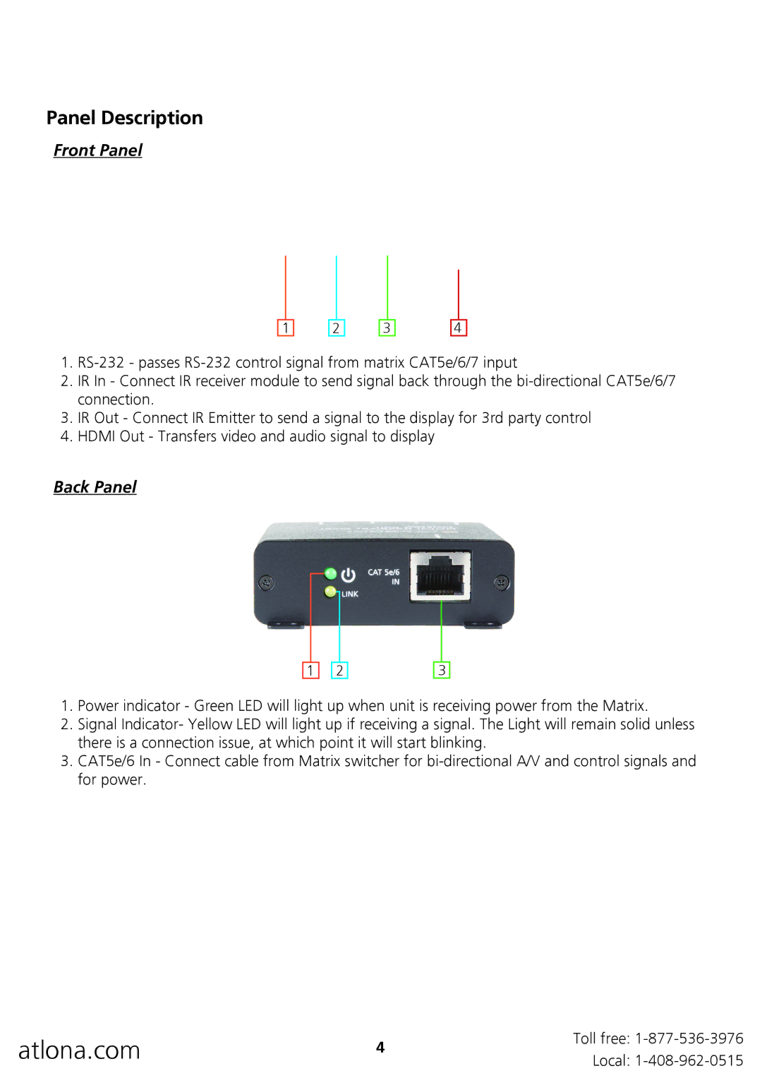 Atlona AT-PRO3HDREC user manual Panel Description, Front Panel, Back Panel 