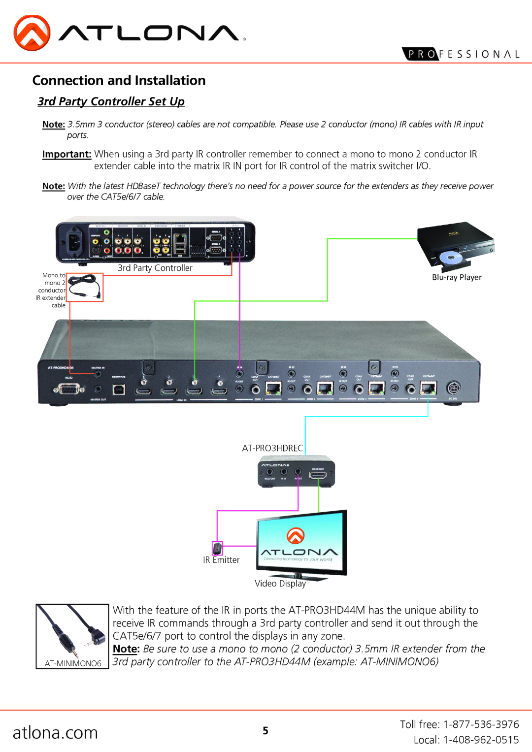 Atlona AT-PRO3HDREC user manual Connection and Installation, 3rd Party Controller Set Up 