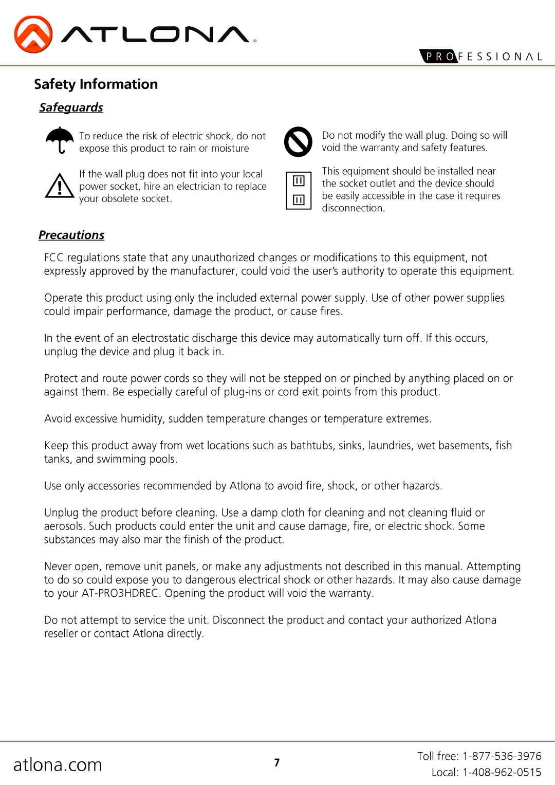 Atlona AT-PRO3HDREC user manual Safety Information, Safeguards, Precautions 