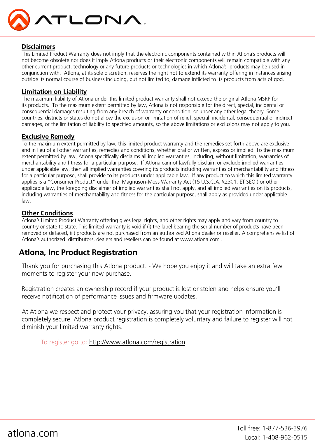 Atlona AT-PRO3HDREC user manual Atlona, Inc Product Registration, Disclaimers 