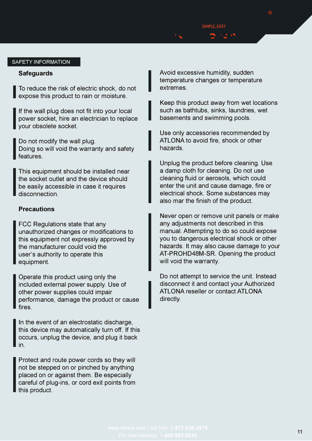 Atlona AT-PROHD48M-R user manual Safeguards 