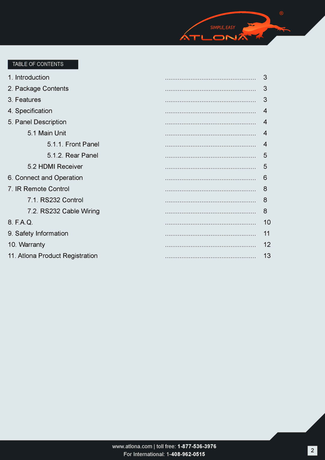 Atlona AT-PROHD48M-R user manual Table of Contents 