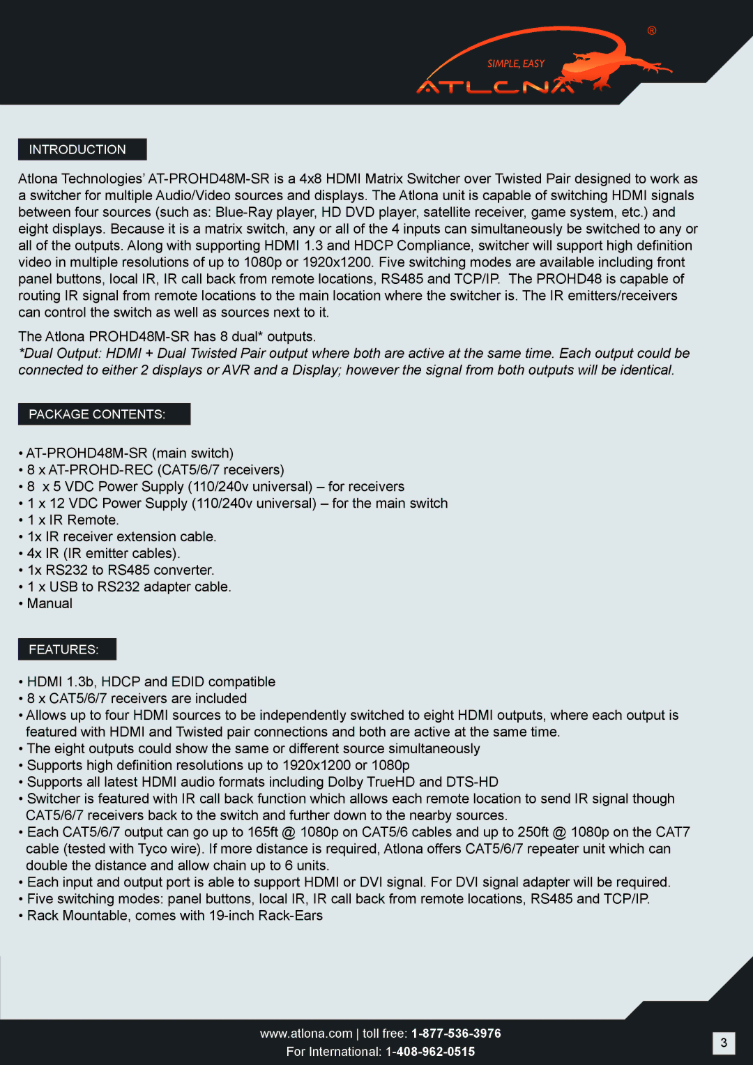 Atlona AT-PROHD48M-R user manual Introduction 