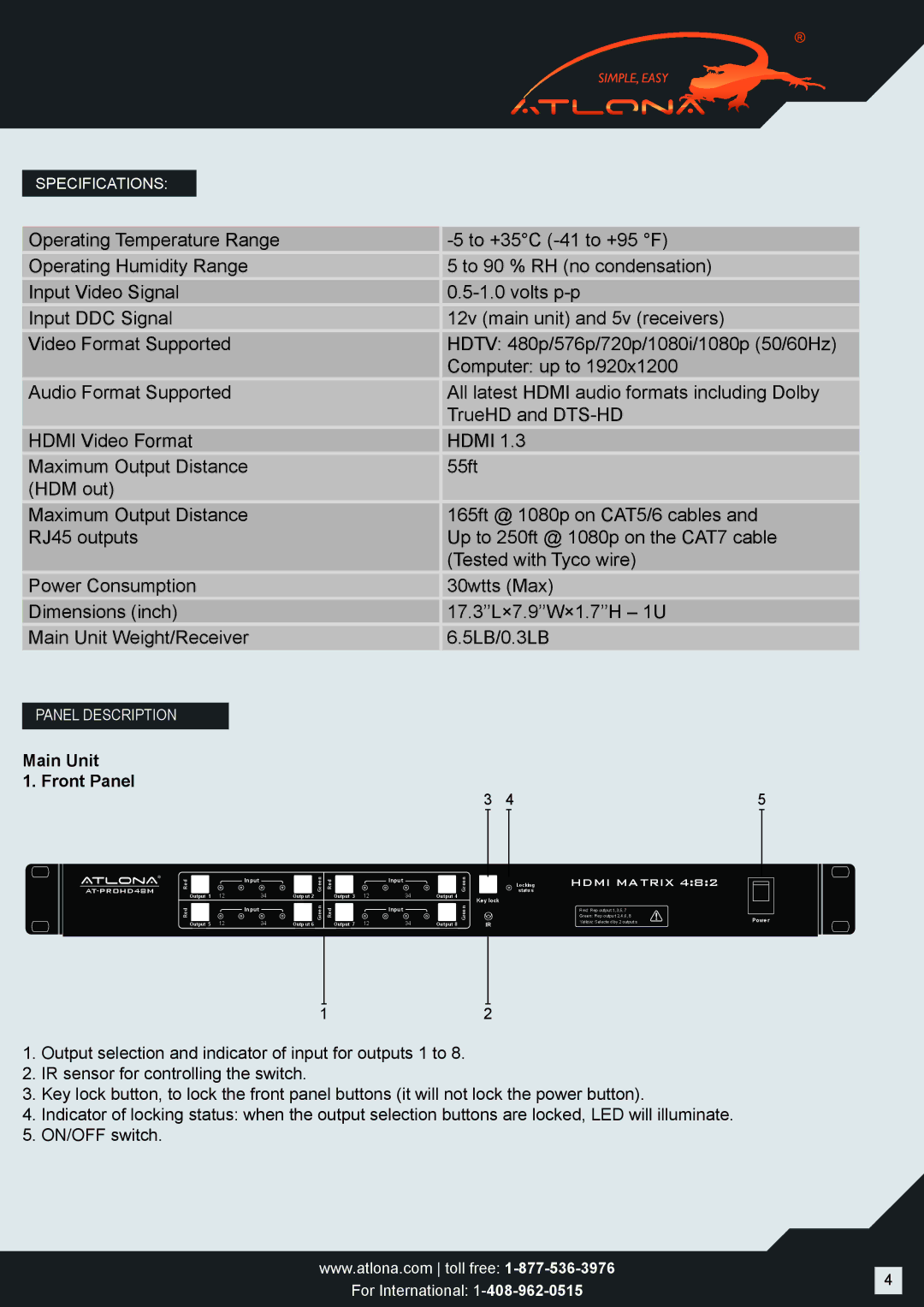 Atlona AT-PROHD48M-R user manual Main Unit Front Panel 