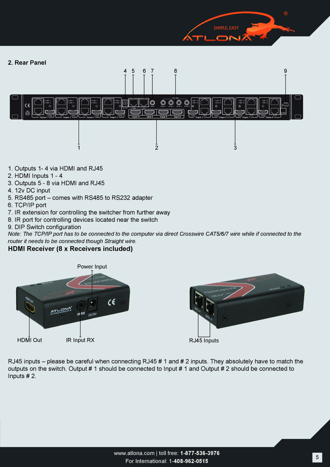 Atlona AT-PROHD48M-R user manual Hdmi Receiver 8 x Receivers included, Rear Panel 