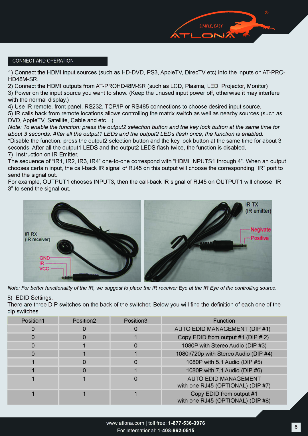 Atlona AT-PROHD48M-R user manual Auto Edid Management DIP #1 