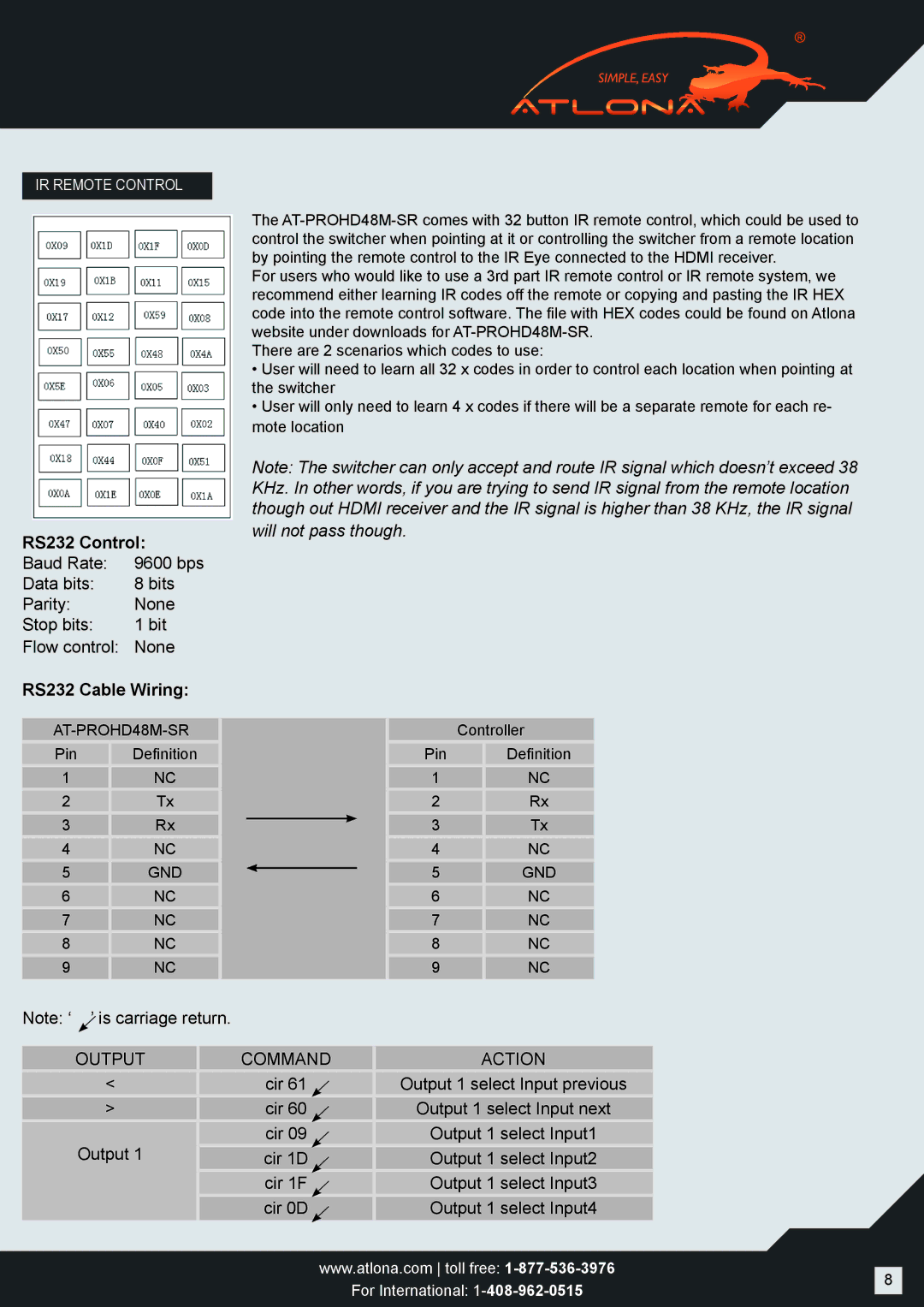 Atlona AT-PROHD48M-R user manual RS232 Control, RS232 Cable Wiring 