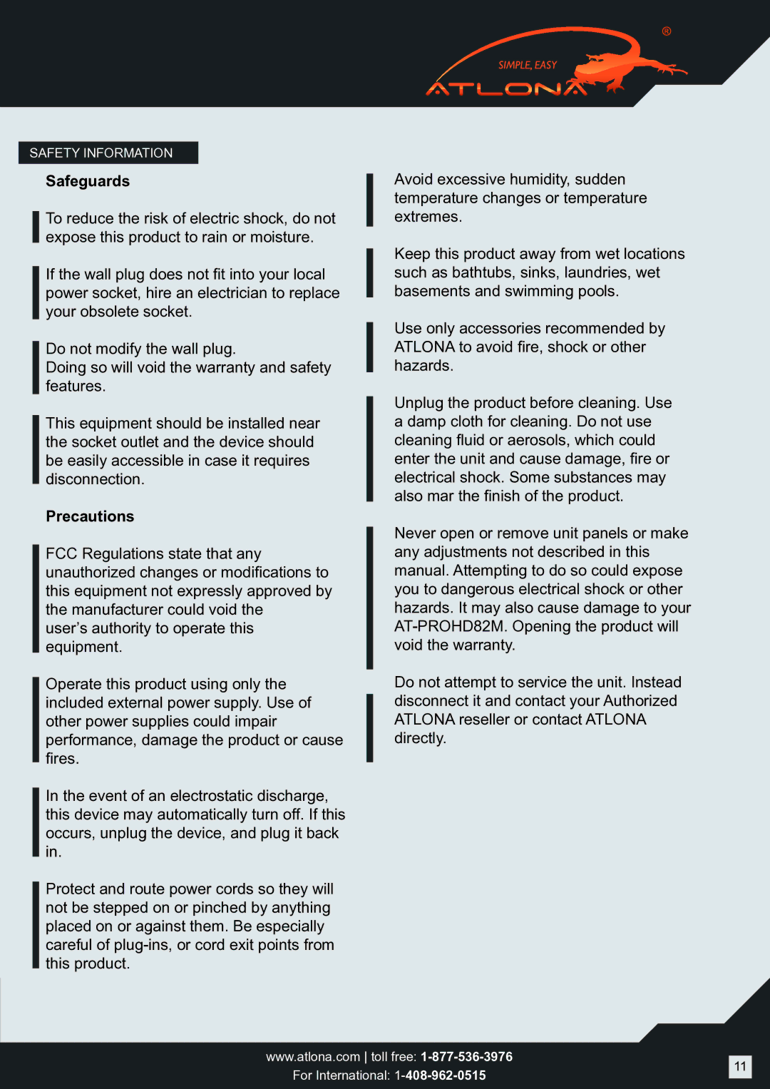 Atlona AT-PROHD82M user manual Safeguards, Precautions 