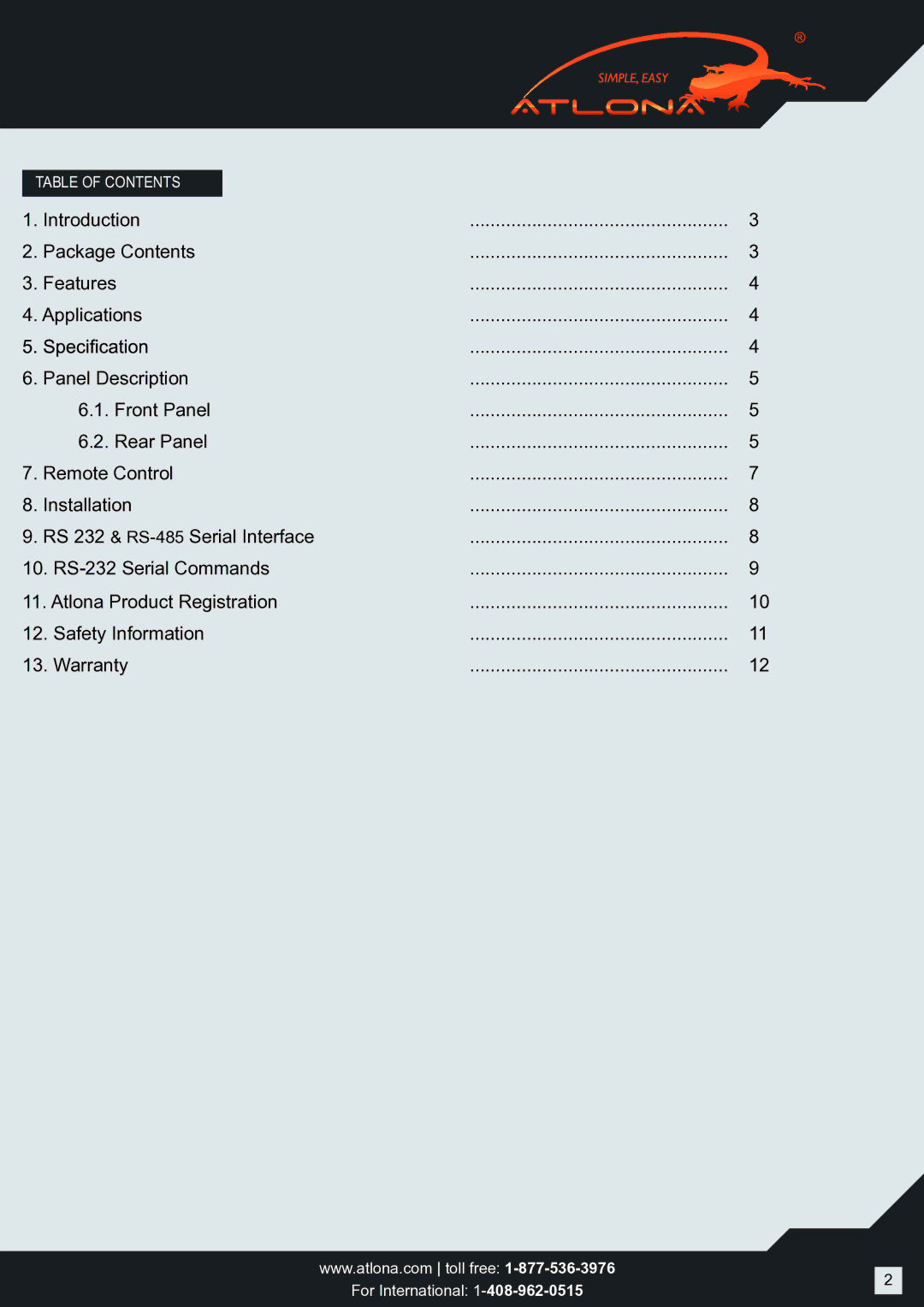 Atlona AT-PROHD82M user manual Table of Contents 