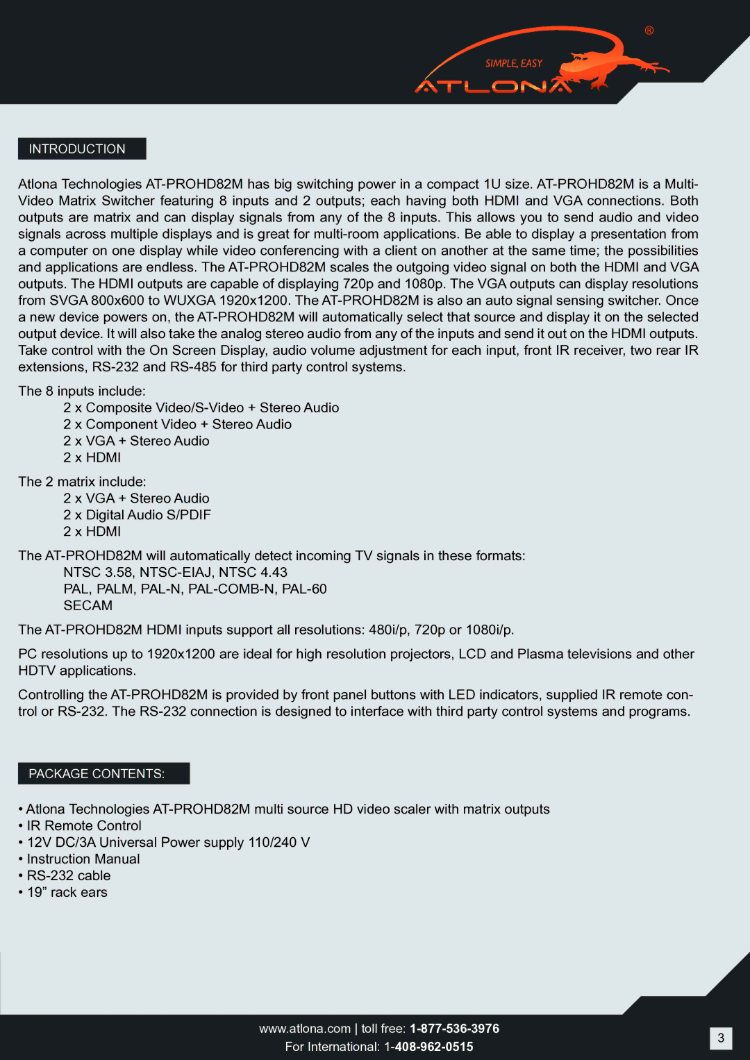 Atlona AT-PROHD82M user manual PAL, PALM, PAL-N, PAL-COMB-N, PAL-60 Secam 