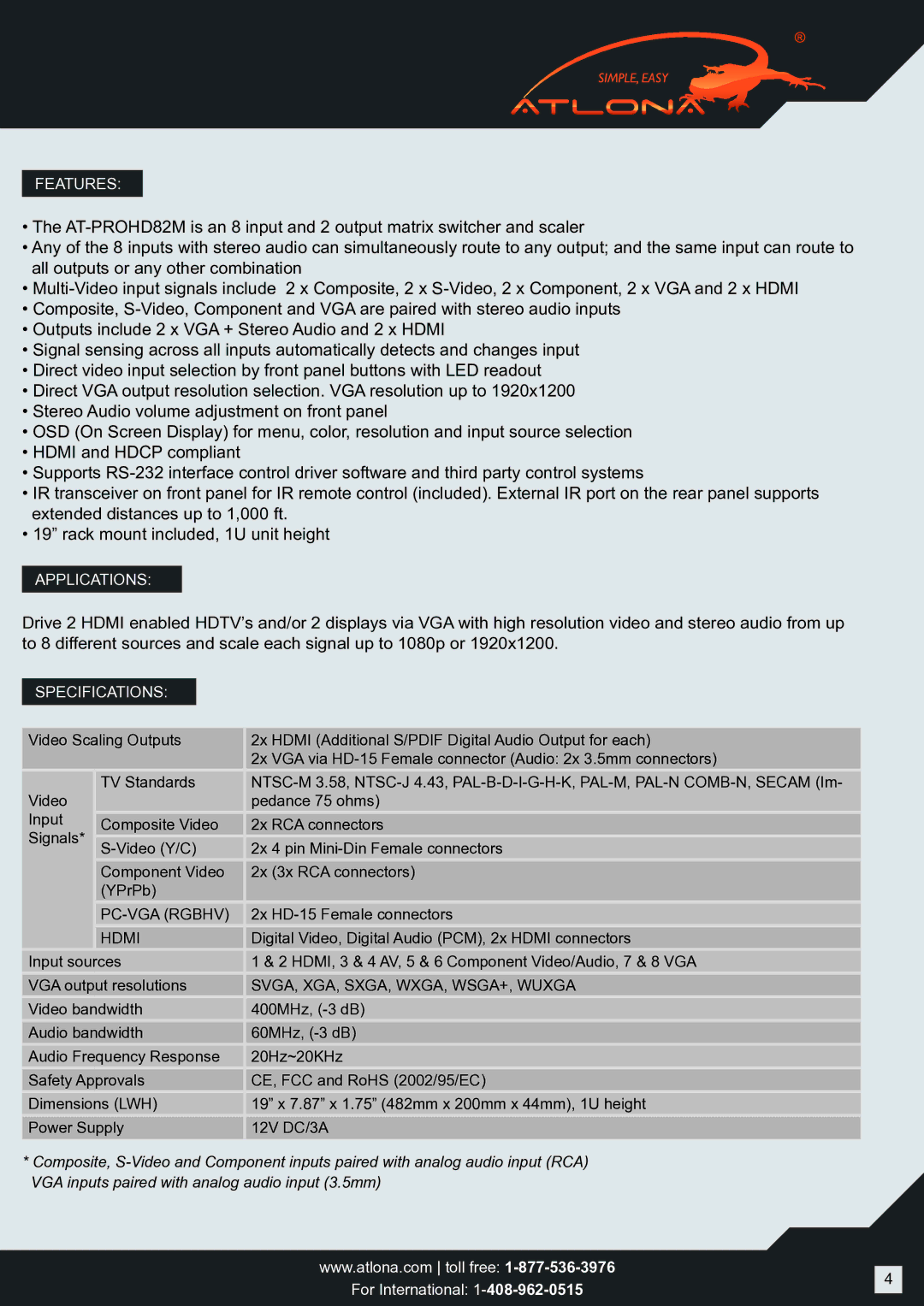 Atlona AT-PROHD82M user manual Features 