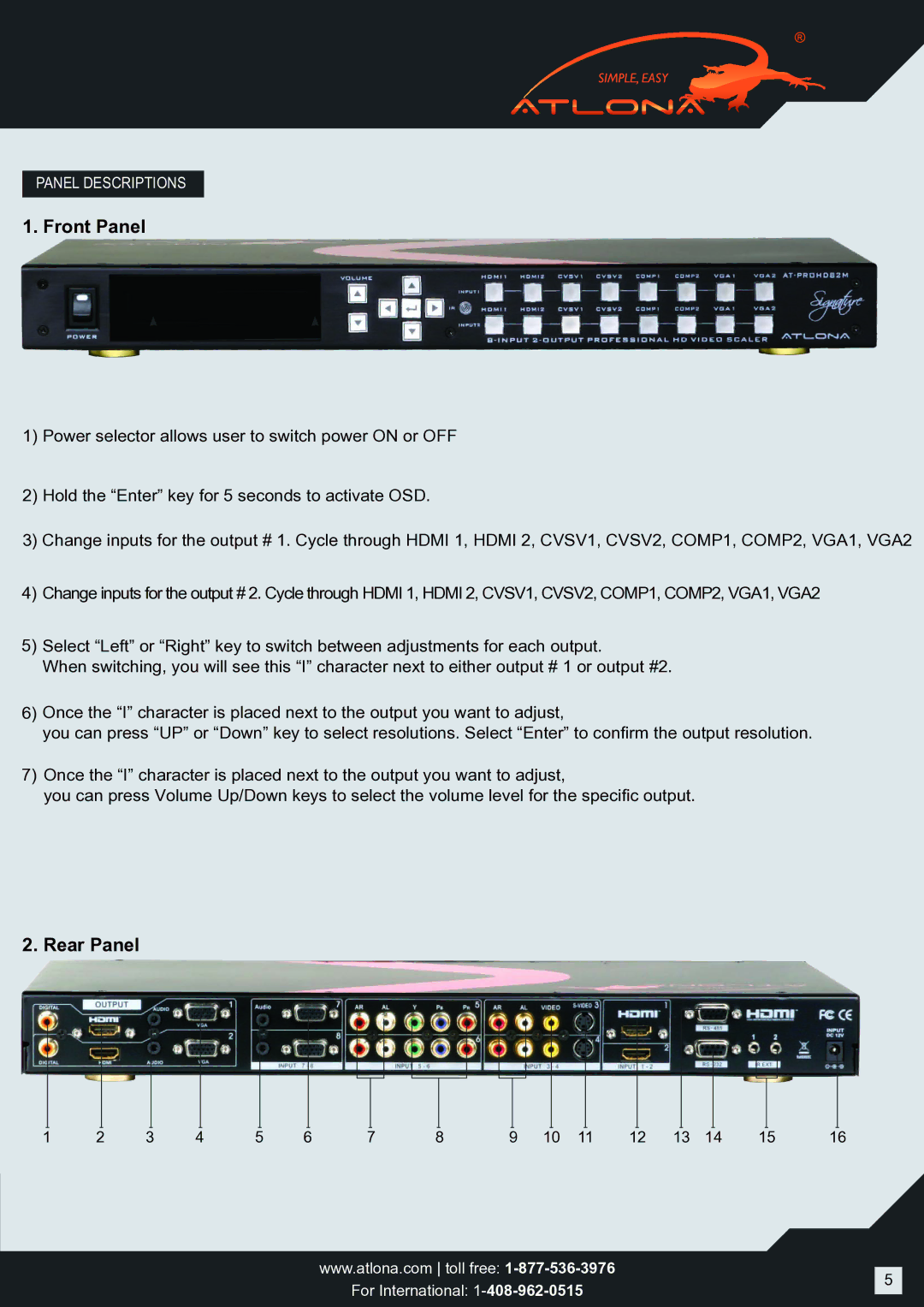 Atlona AT-PROHD82M user manual Front Panel, Rear Panel 