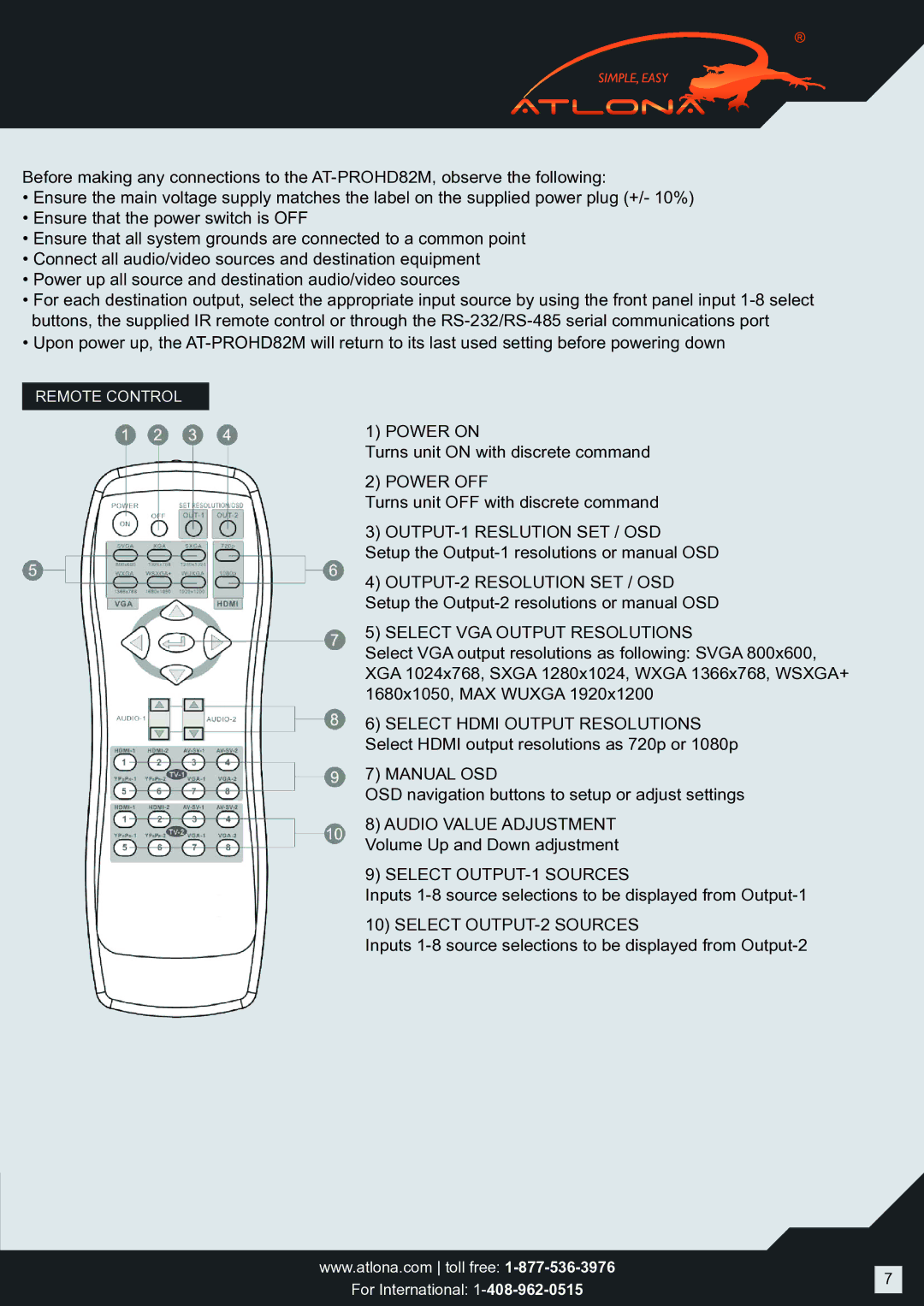 Atlona AT-PROHD82M user manual Power on, Power OFF, OUTPUT-1 Reslution SET / OSD, Select VGA Output Resolutions, Manual OSD 