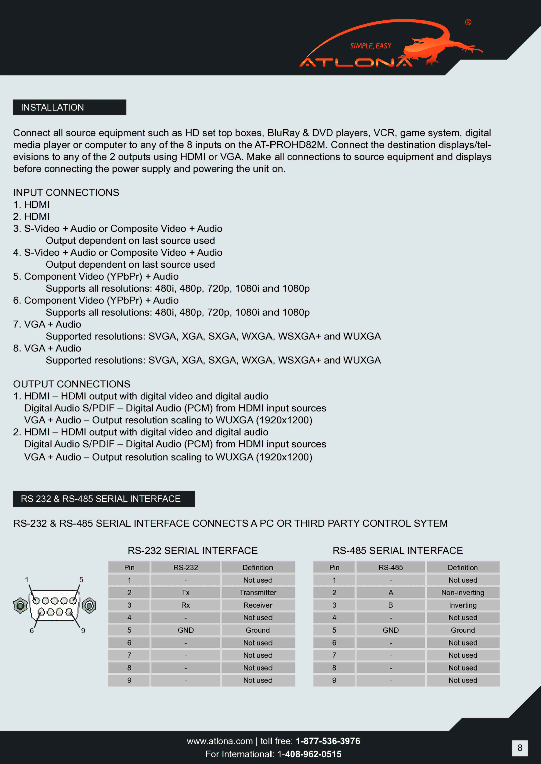 Atlona AT-PROHD82M user manual Input Connections Hdmi, Output Connections 