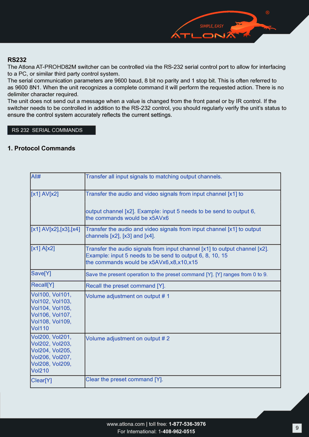 Atlona AT-PROHD82M user manual RS232, Protocol Commands 