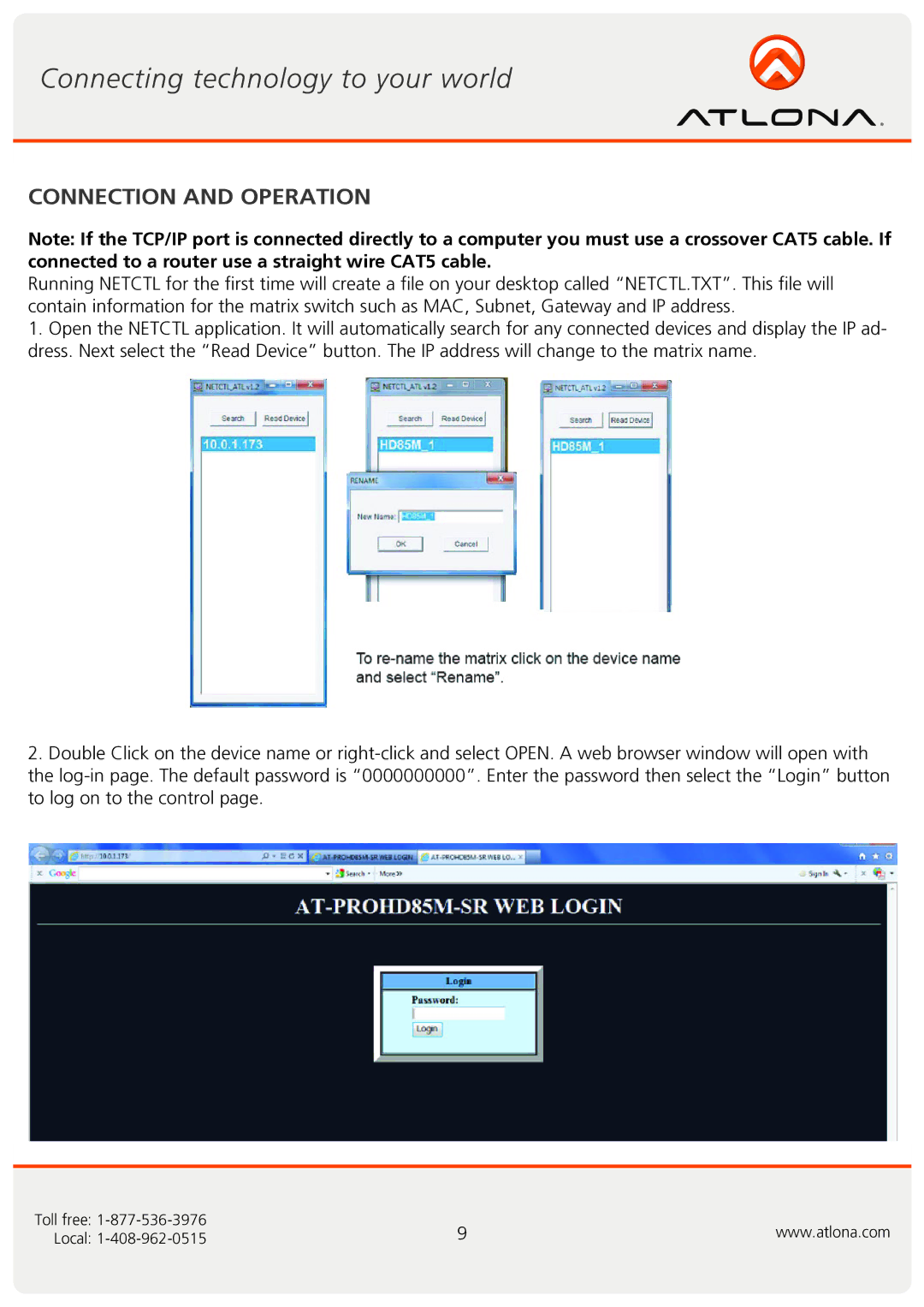 Atlona AT-PROHD85M-SR user manual Connection and Operation 