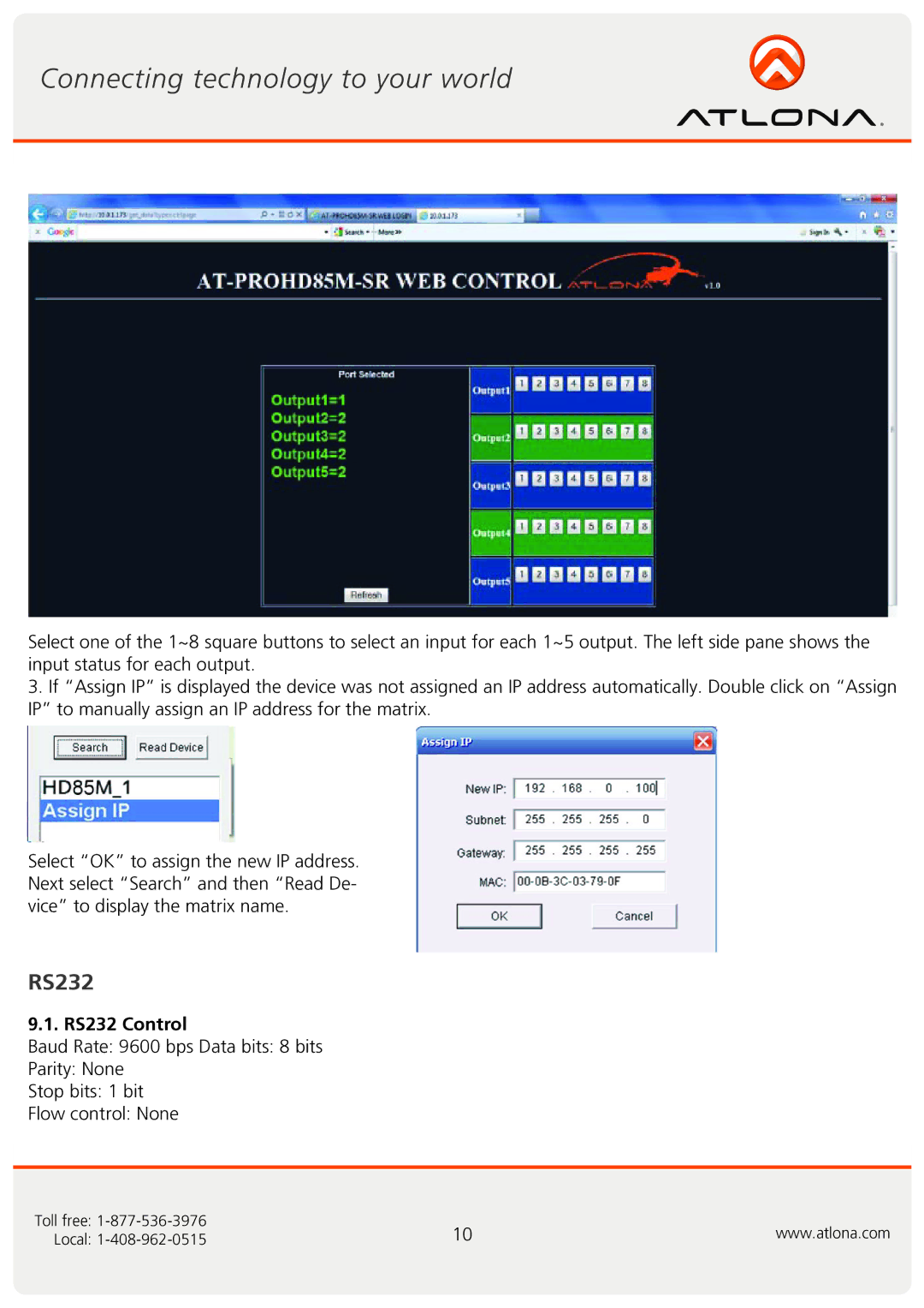 Atlona AT-PROHD85M-SR user manual RS232 Control 