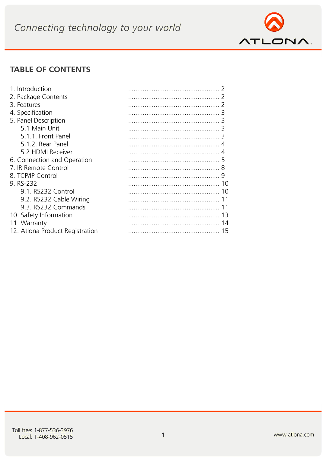 Atlona AT-PROHD85M-SR user manual Table of Contents 