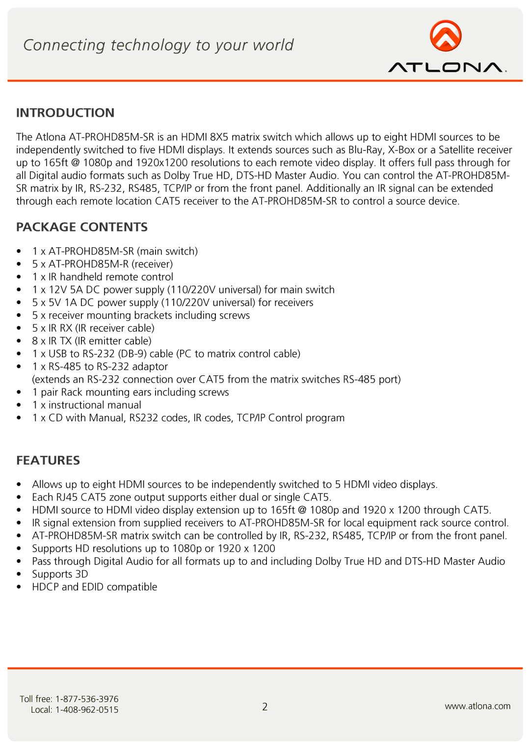 Atlona AT-PROHD85M-SR user manual Introduction, Package Contents, Features 