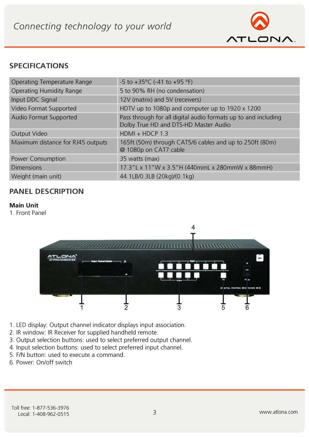 Atlona AT-PROHD85M-SR user manual Specifications, Panel Description, Main Unit 