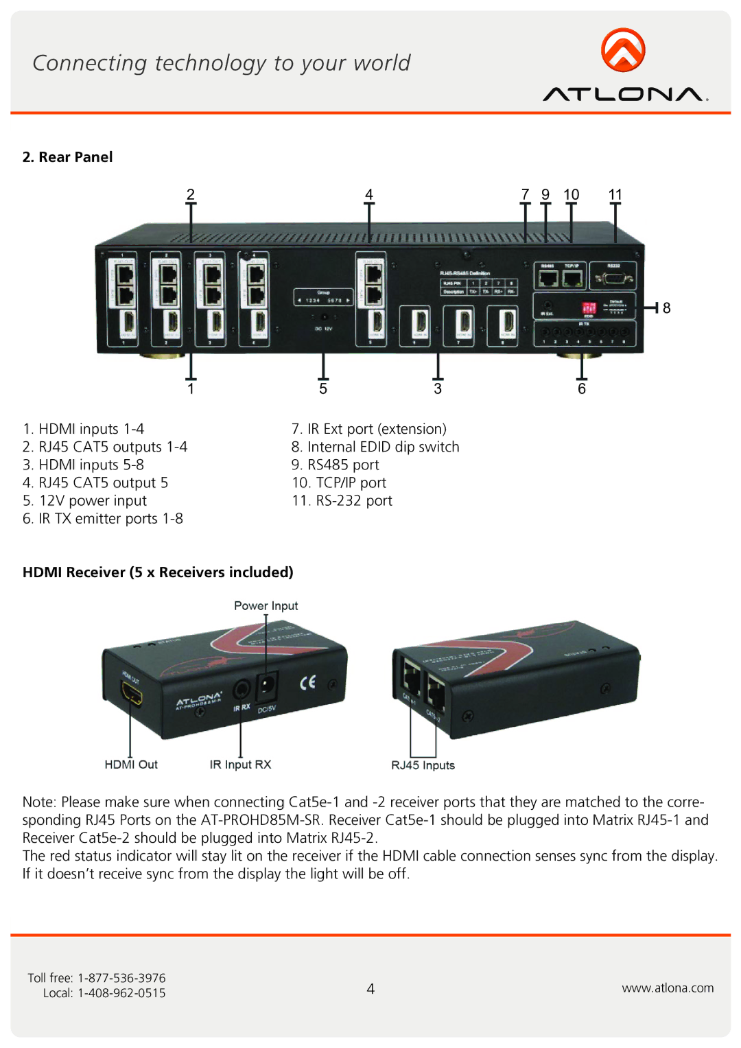 Atlona AT-PROHD85M-SR user manual Rear Panel, Hdmi Receiver 5 x Receivers included 