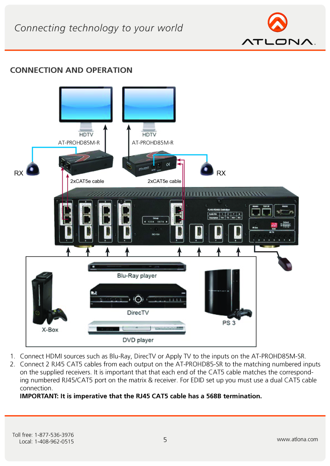 Atlona AT-PROHD85M-SR user manual Connection and Operation 