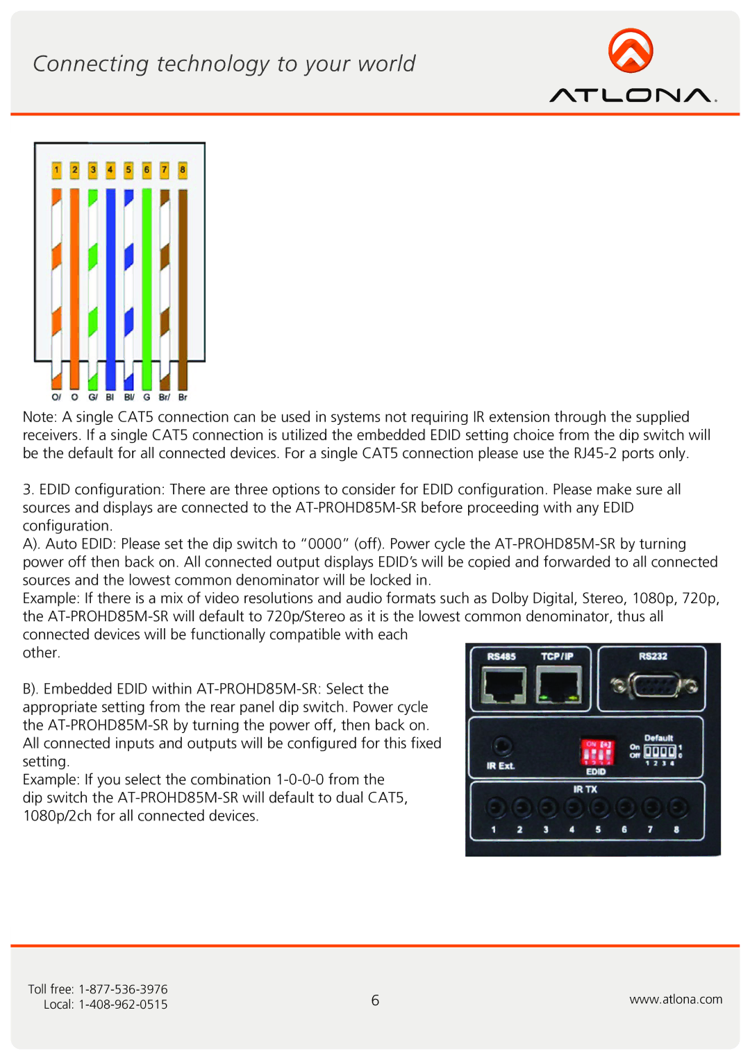 Atlona AT-PROHD85M-SR user manual Toll free Local 