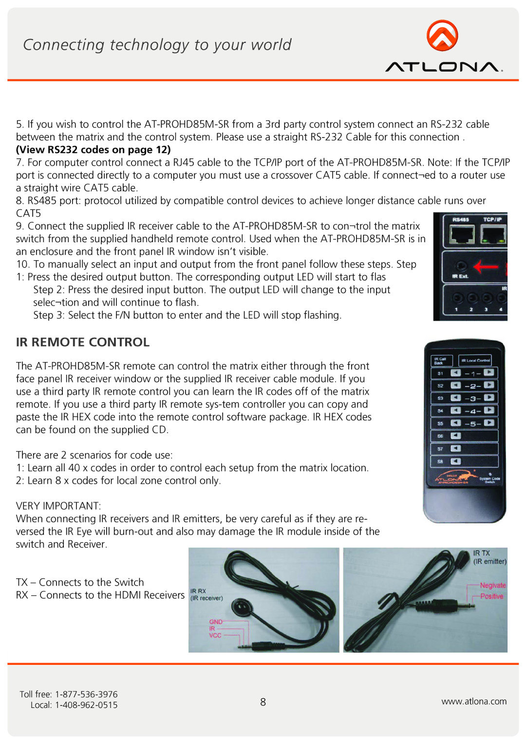 Atlona AT-PROHD85M-SR user manual IR Remote Control, View RS232 codes on 