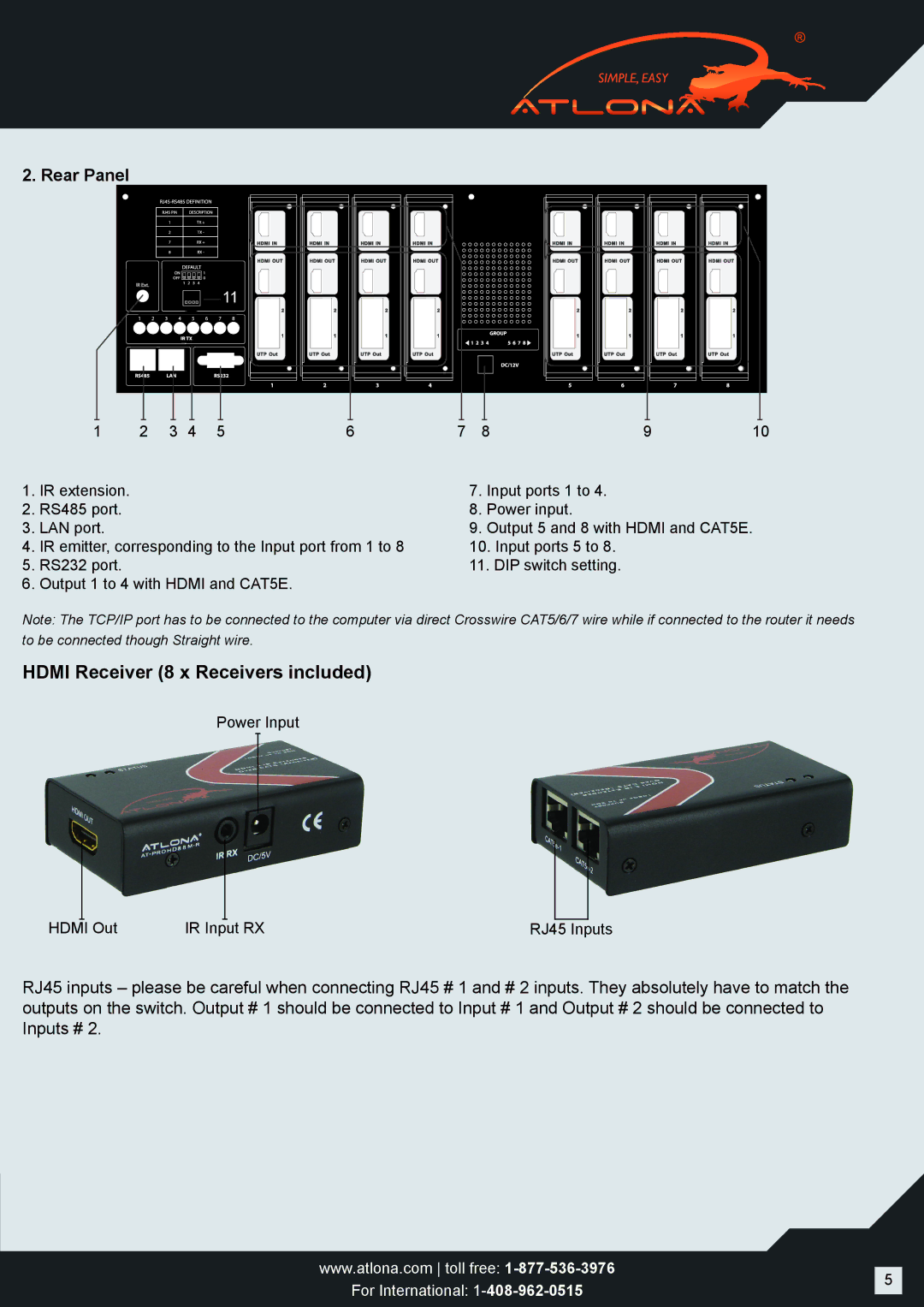 Atlona AT-PROHD88M-SR user manual Hdmi Receiver 8 x Receivers included, Rear Panel 