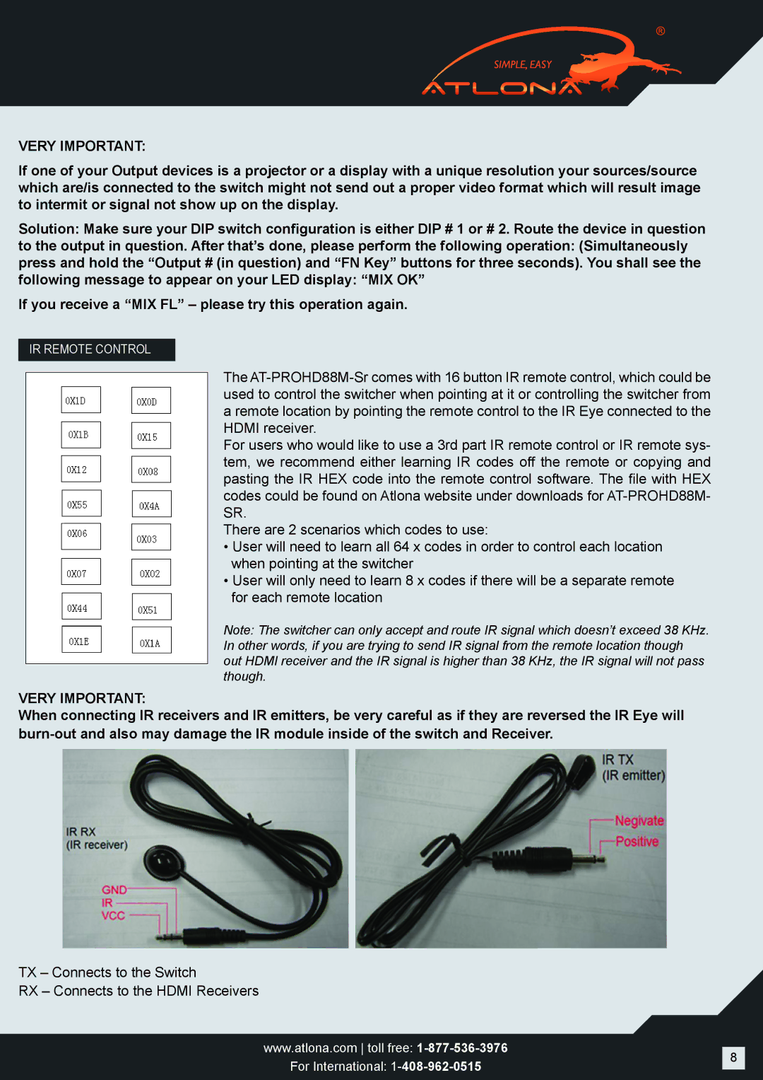 Atlona AT-PROHD88M-SR user manual Very Important 