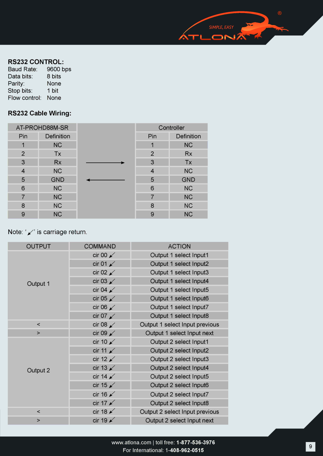 Atlona AT-PROHD88M-SR user manual RS232 Control, RS232 Cable Wiring 