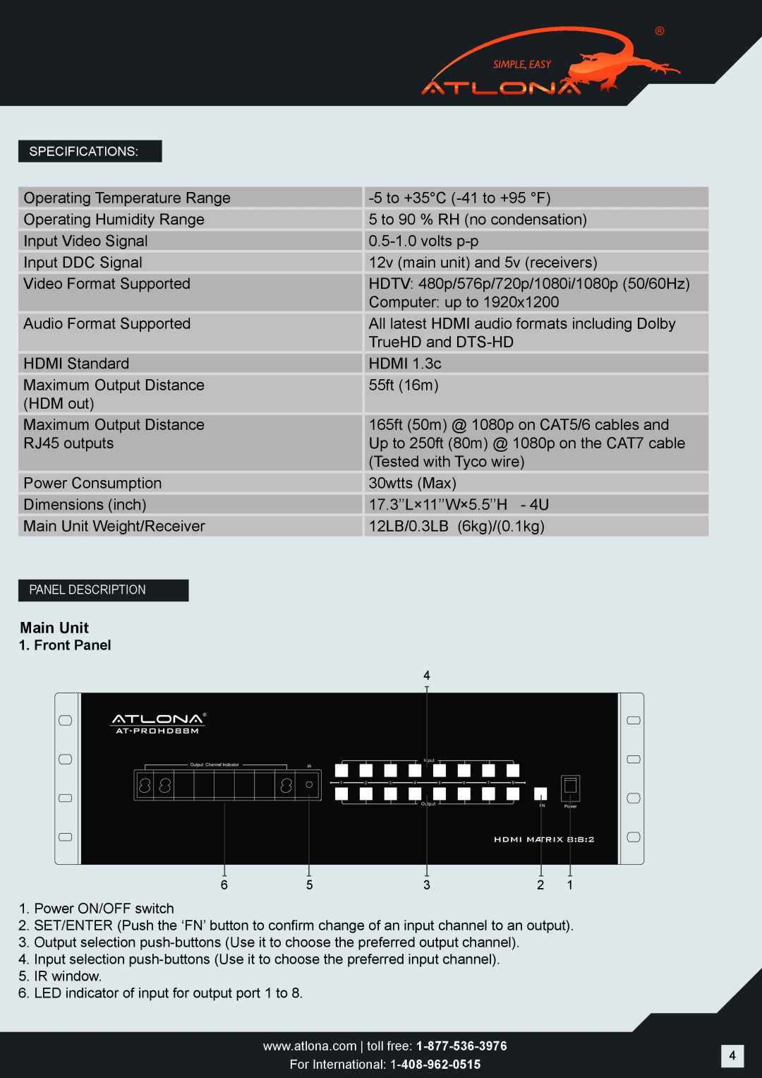 Atlona AT-PROHD88M-SR user manual Main Unit, Front Panel 