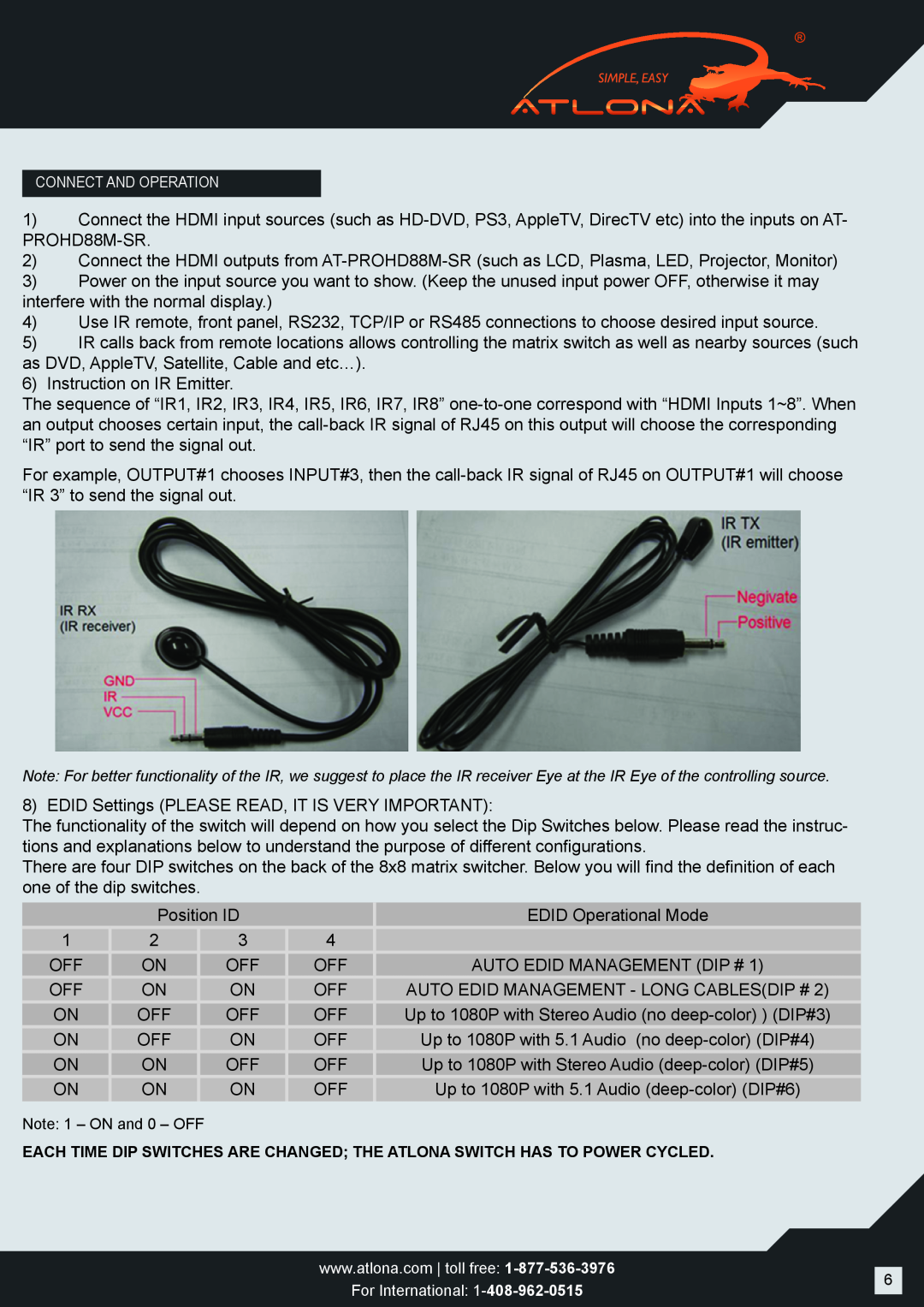 Atlona AT-PROHD88M-SR user manual Note 1 - ON and 0 - OFF 