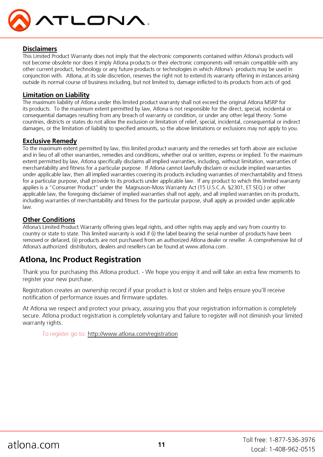 Atlona AT-PS-POCC manual Atlona, Inc Product Registration, Disclaimers 