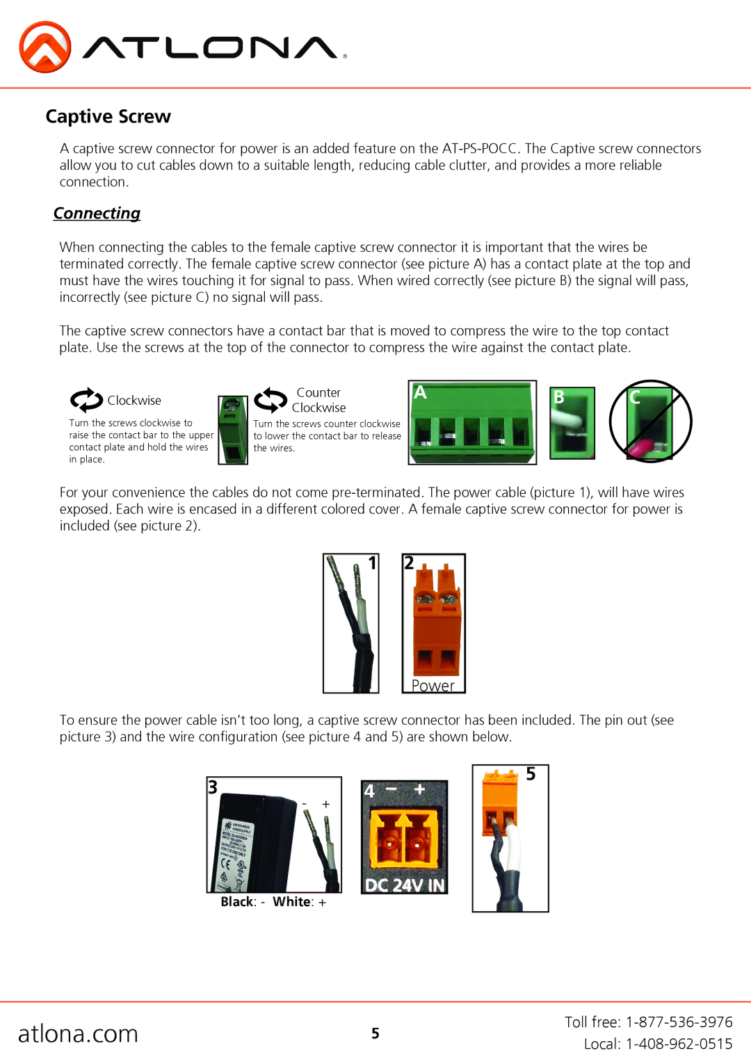 Atlona AT-PS-POCC manual Captive Screw, Connecting, Counter Clockwise 