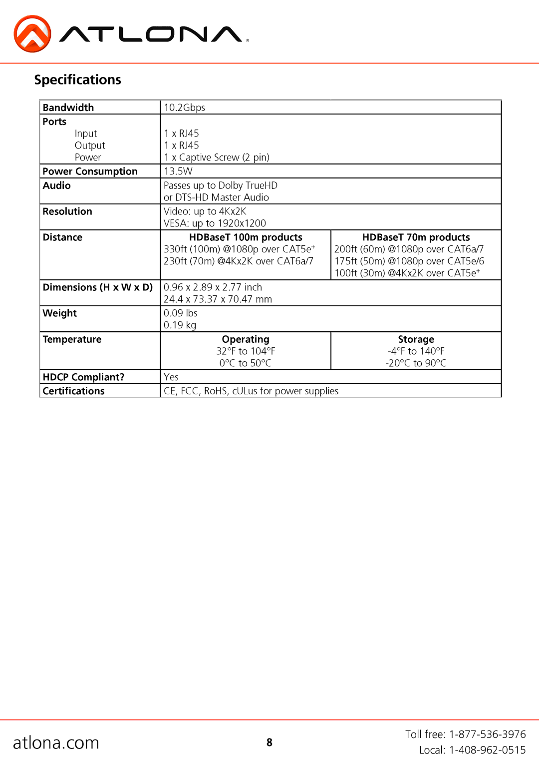 Atlona AT-PS-POCC manual Specifications, 32F to 104F 4F to 140F 