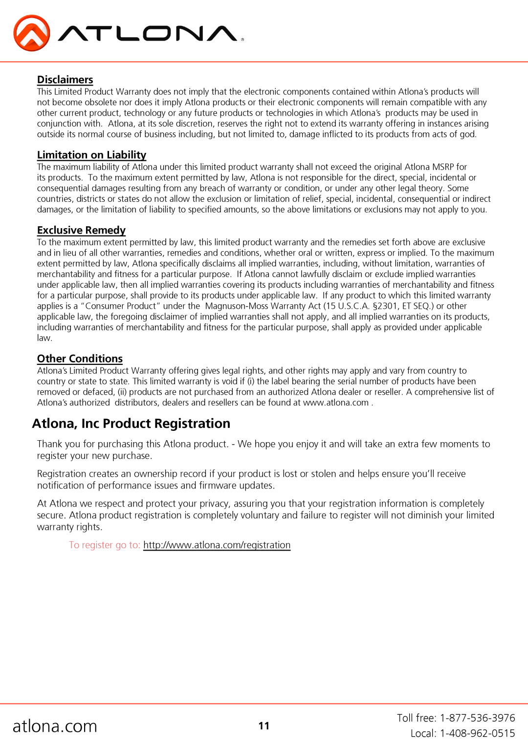 Atlona AT-PS-POCC Atlona, Inc Product Registration, atlona.com, Disclaimers, Limitation on Liability, Exclusive Remedy 