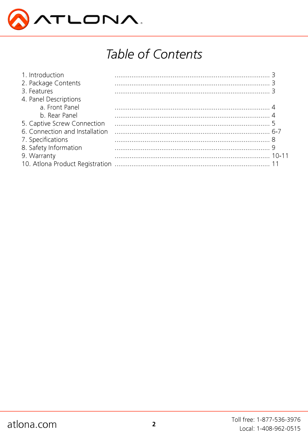 Atlona AT-PS-POCC manual Table of Contents, atlona.com 