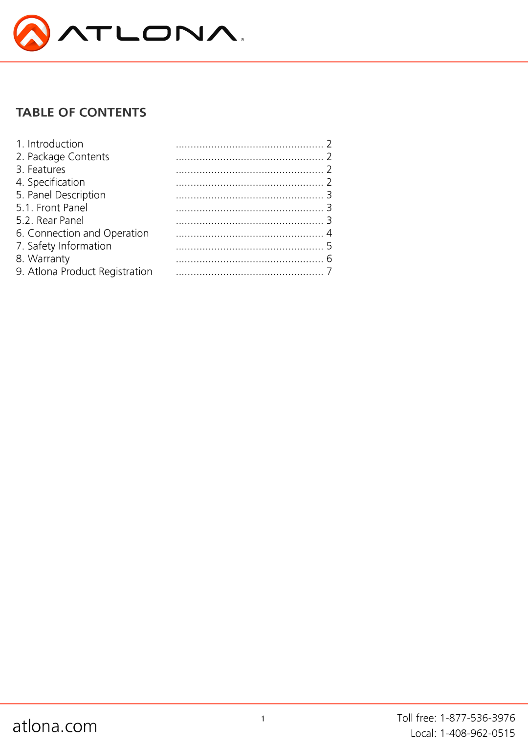 Atlona AT-RGB110 user manual Table Of Contents, atlona.com 