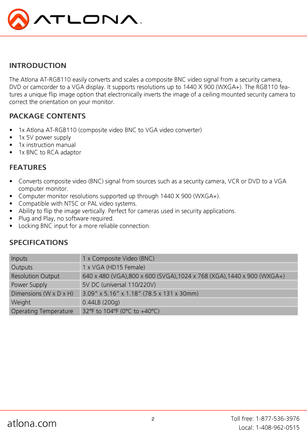Atlona AT-RGB110 user manual Introduction, Package Contents, Features, Specifications, atlona.com 