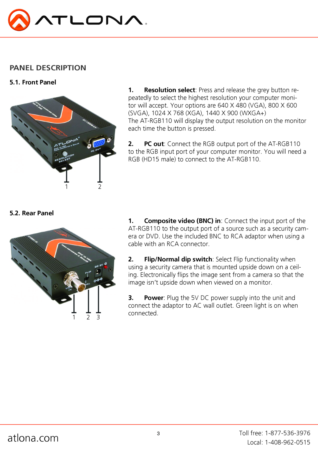 Atlona AT-RGB110 user manual Panel Description, Front Panel, Rear Panel, atlona.com 